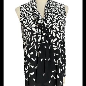 Ann Taylor Size XS Women’s Floral Black Cream Tie Neck Top Blouse Sleeveless, ma